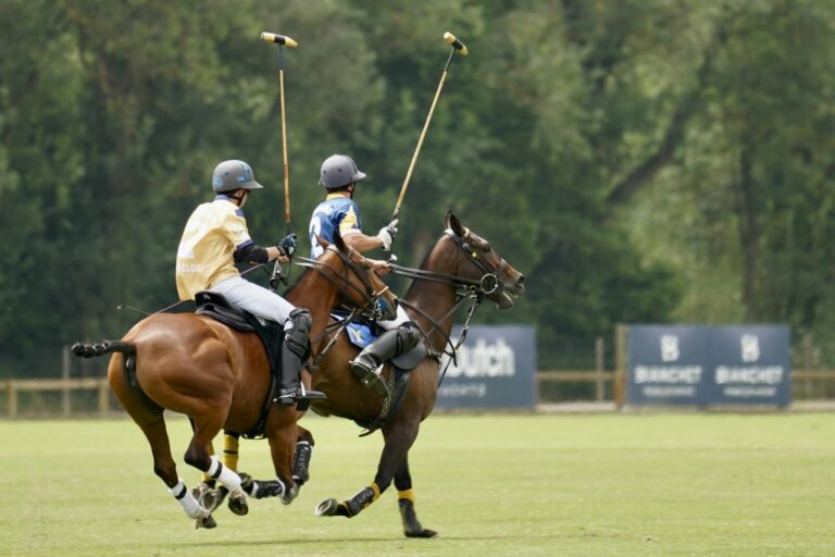 Dynamic polo action captured on a lush green field with two determined players.